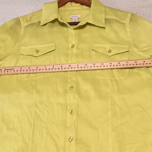 Chico's Size 1 Lemon Green Women Roll Up Sleeves  Ramie Linen&Cotton Blend Shirt - Picture 14 of 16